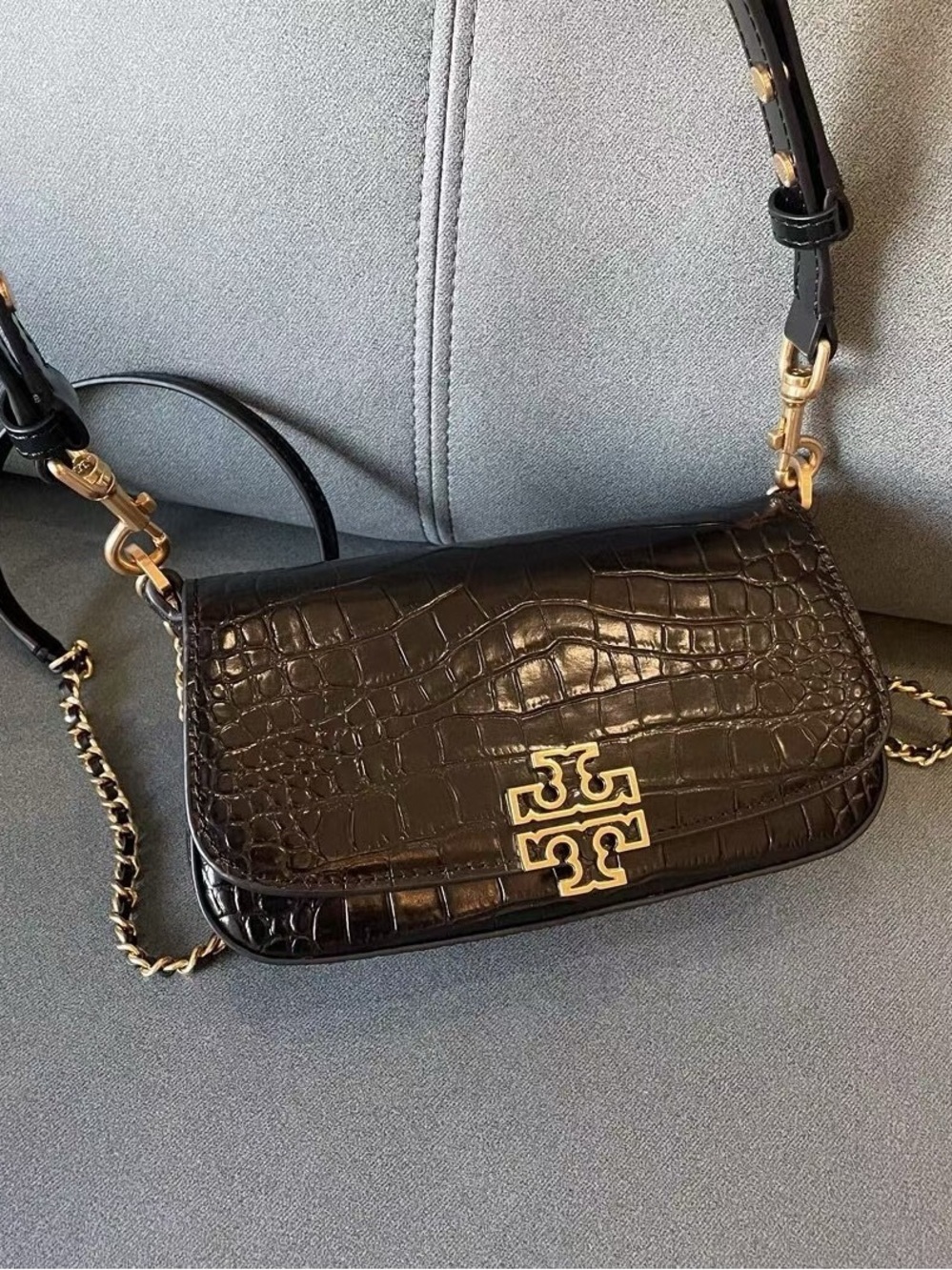 Tory Burch Black Croc-Embossed Leather Crossbody with Gold Hardware